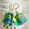 Oorbellen, murano glas groen en blauw cube two-tone