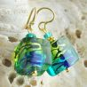 Green and blue murano glass earrings cube bicolor