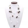 Necklace silver long 3 row necklace, murano glass bariole brown