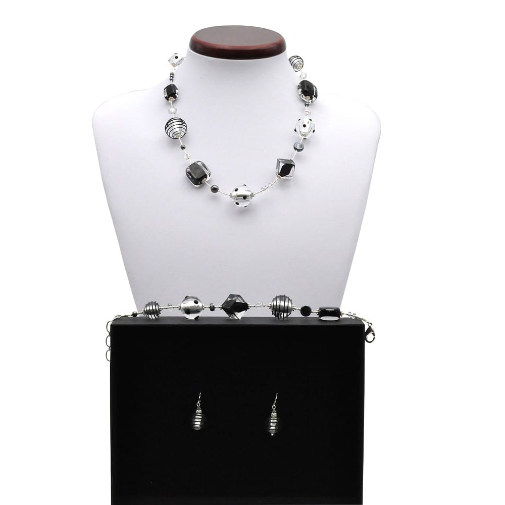 Jo-jo negro y plata conjunto de joyas genuino cristal de murano venecia