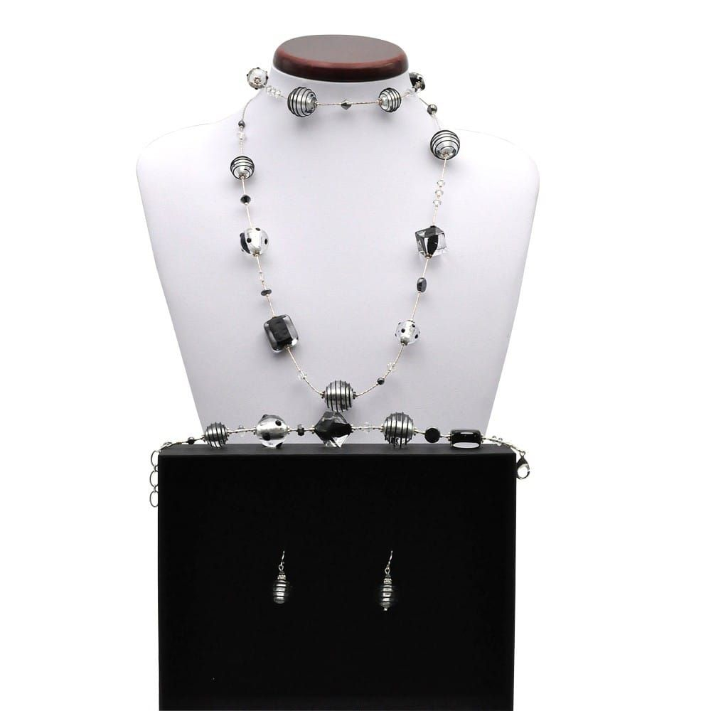 Jojo nero e argento lungo - parure di gioielli nero e argento in autentico vetro di murano venezia