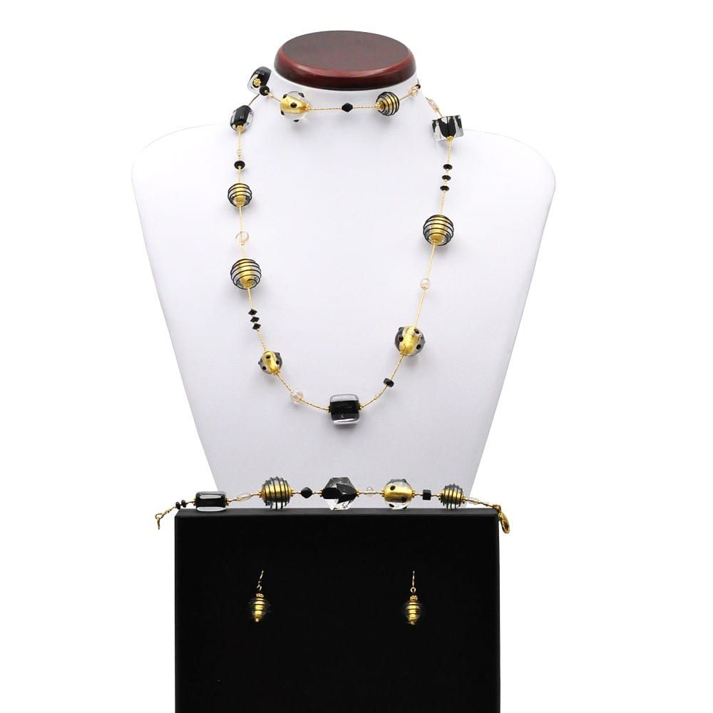 Jojo negro y oro largo - conjunto de joyas genuino cristal de murano venecia