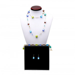 America azul - conjunto de joyería collar largo azul oro y verde genuino cristal de murano de venecia