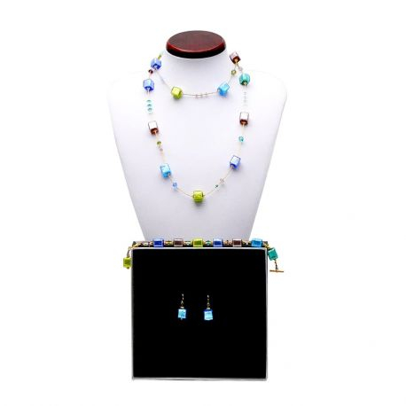 Parure de bijoux collier long bleu or et vert veritable verre de murano