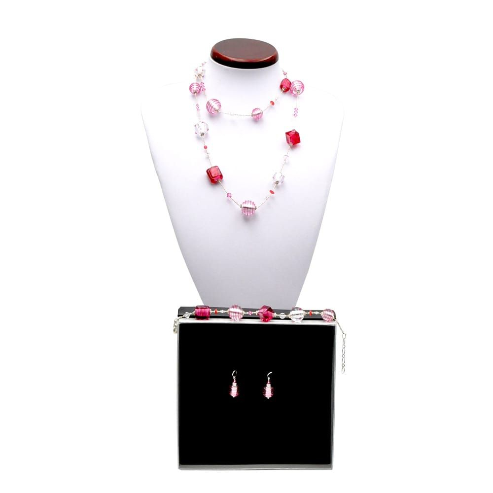 Jojo rosa e argento lungo - parure di gioielli rosa in autentico vetro di murano venezia