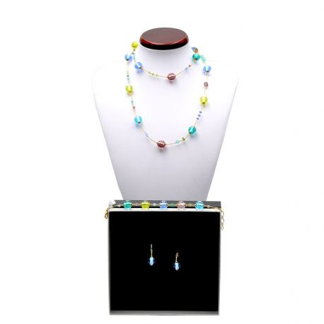 Kolsyrad blå lång smycken set i äkta murano glas venedig