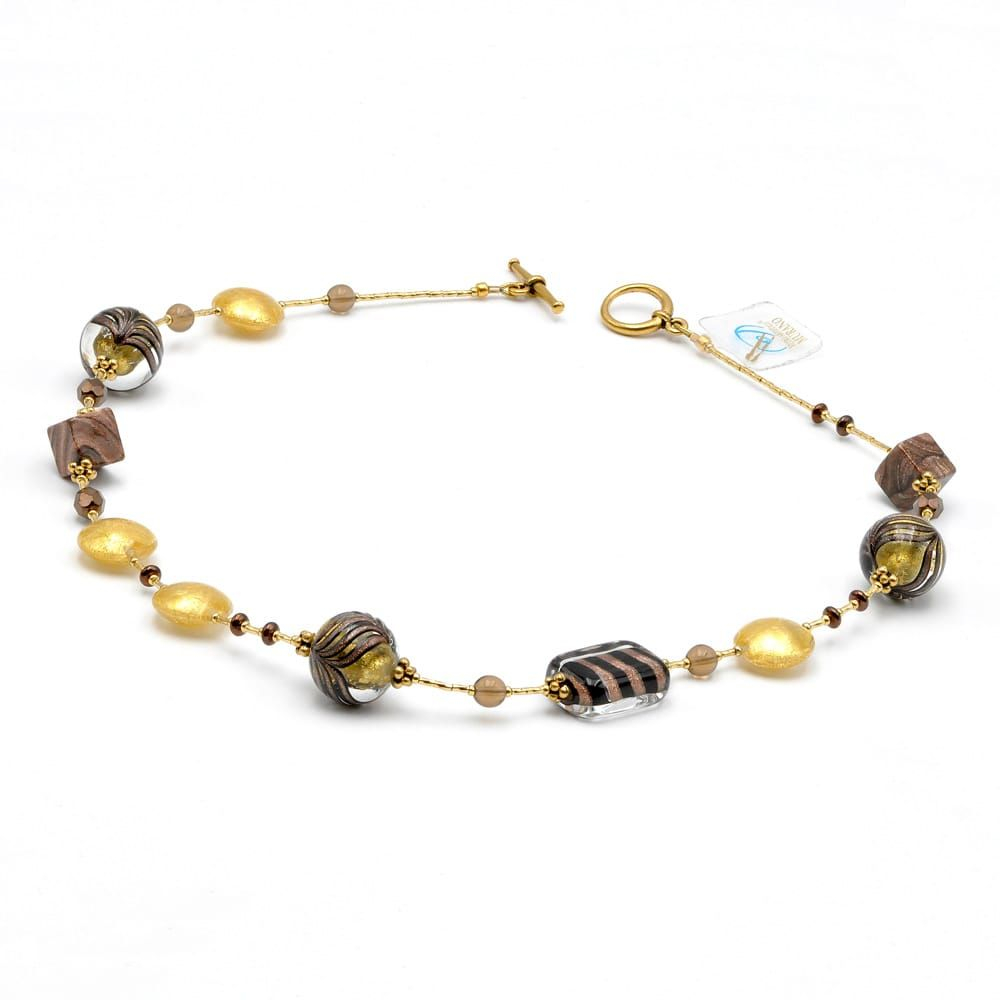 Halskette schmuck aus murano glas gold kastanienbraun gemustert 