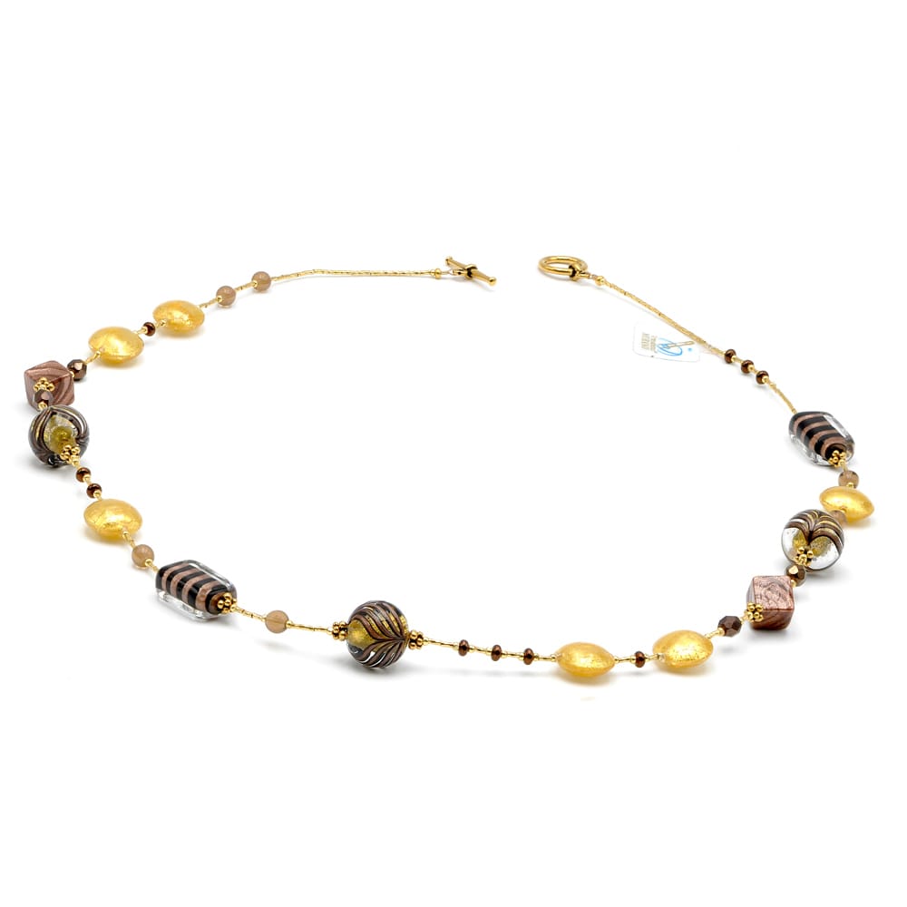 Långt halsband, guld långt halsband, guld smycken, murano-glas bariole brun