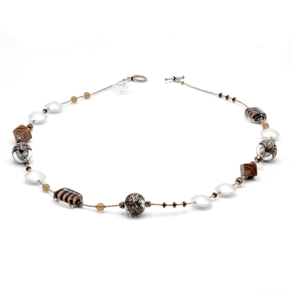 Collar plata y castaño - collar largo de plata verdadero cristal de murano venecia abigarrado marrón