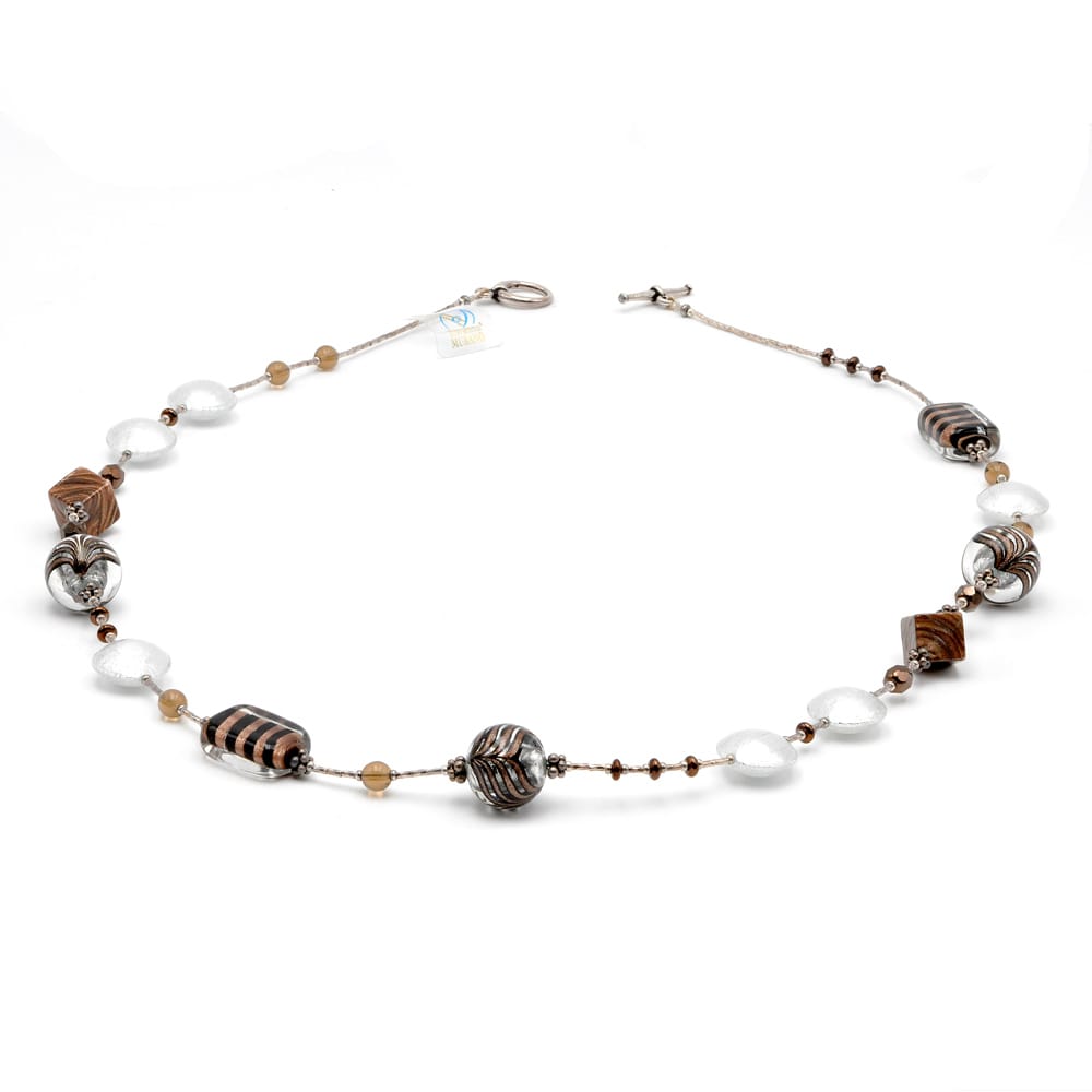 Collar plata y castaño - collar largo de plata verdadero cristal de murano venecia abigarrado marrón