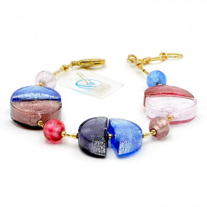 Pulseira azul y ouro - pulseira azul de cristal murano rosa e azul