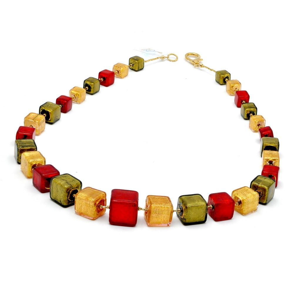 Cubes degrades rouge et or - collier rouge et or bijou en verre de murano venise