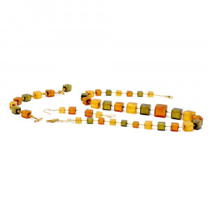 Conjunto de joyas cubos verde y oro de verdadero cristal de murano de venecia