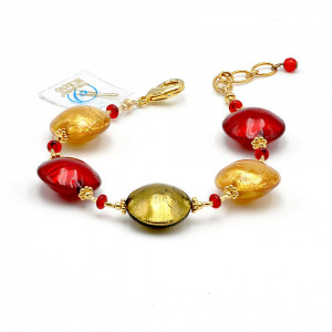 Pastiglia rood en gouden - armband-rood en goud sieraad, originele murano glas van venetië