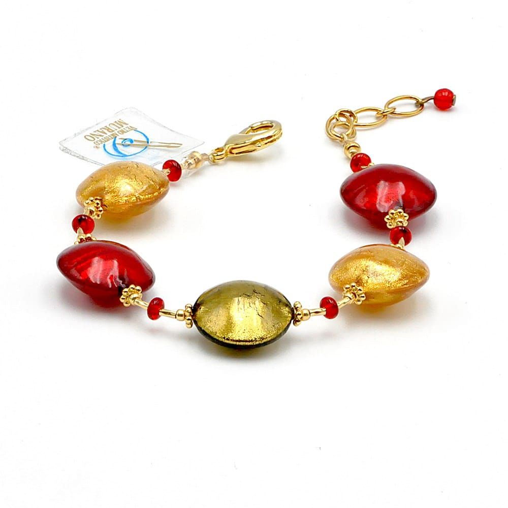 Pastiglia rojo y oro - pulsera rojo y oro genuina de cristal de murano de venecia