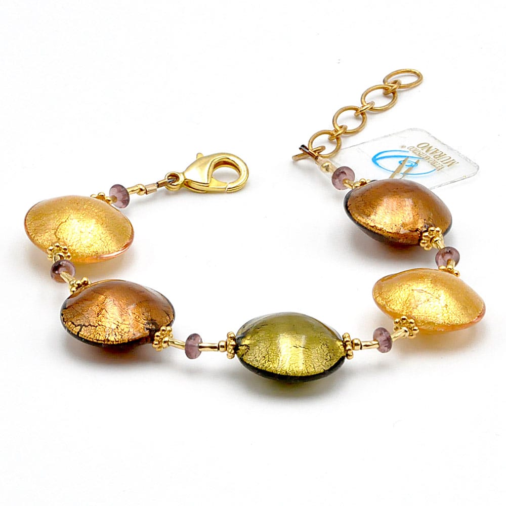 Pulsera oro y cristal de murano de venecia oro amarillo y ambar