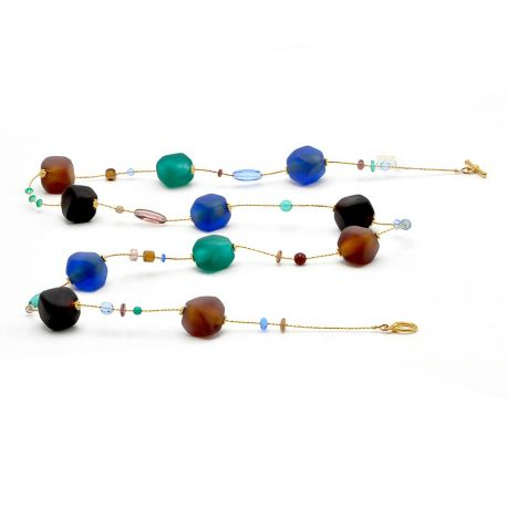 Long brown and blue gold murano glass necklace