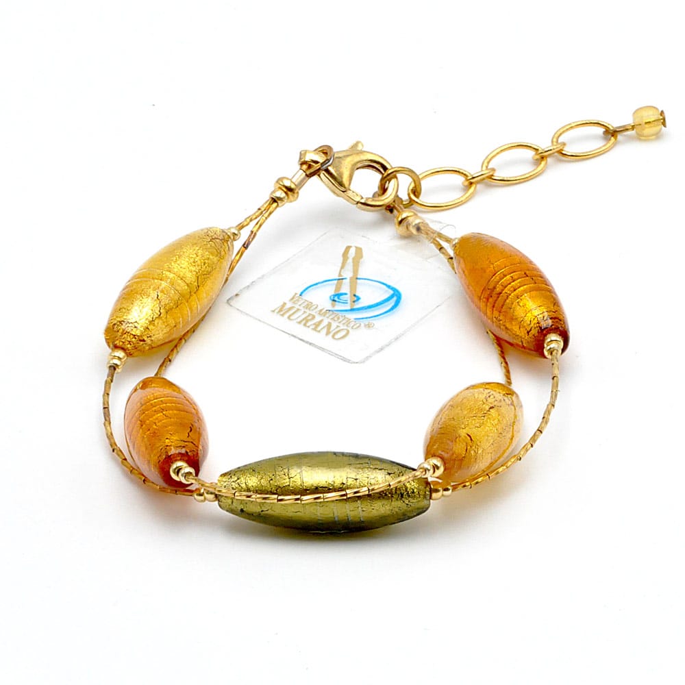 Amber and gold murano glass bracelet - green and gold genuine murano glass bracelet in true murano glass of venice italy