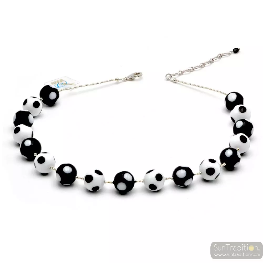 Ball white black polka dots - black murano glass necklace polka dots in the genuine murano glass of venice