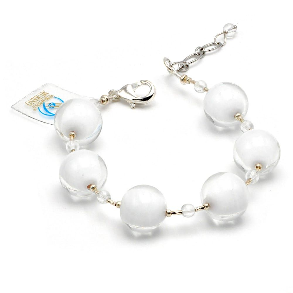  ball blanc cristal - bracelet blanc en veritable verre de murano de venise