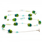 Collana lunga, verde lunga in vetro di murano verde e blu