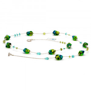 Collana lunga, verde lunga in vetro di murano verde e blu