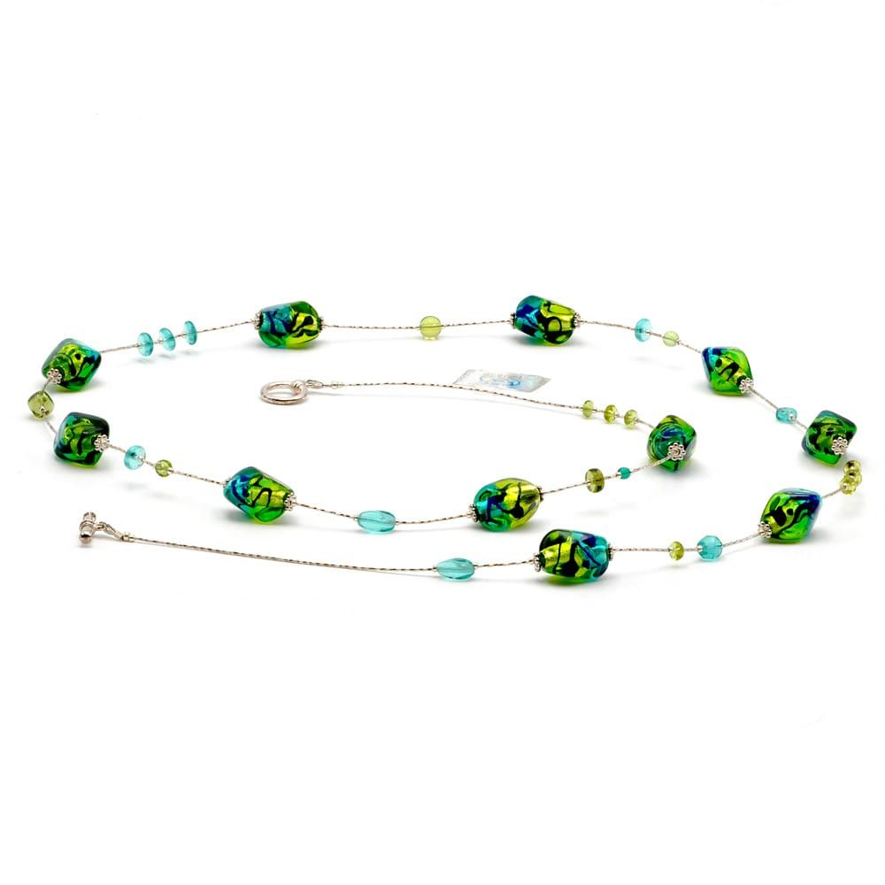 Långt halsband, grön lång murano glas grön och blå