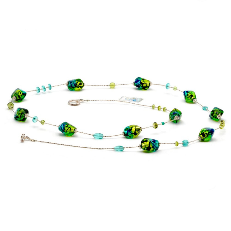 Collana lunga, verde lunga in vetro di murano verde e blu