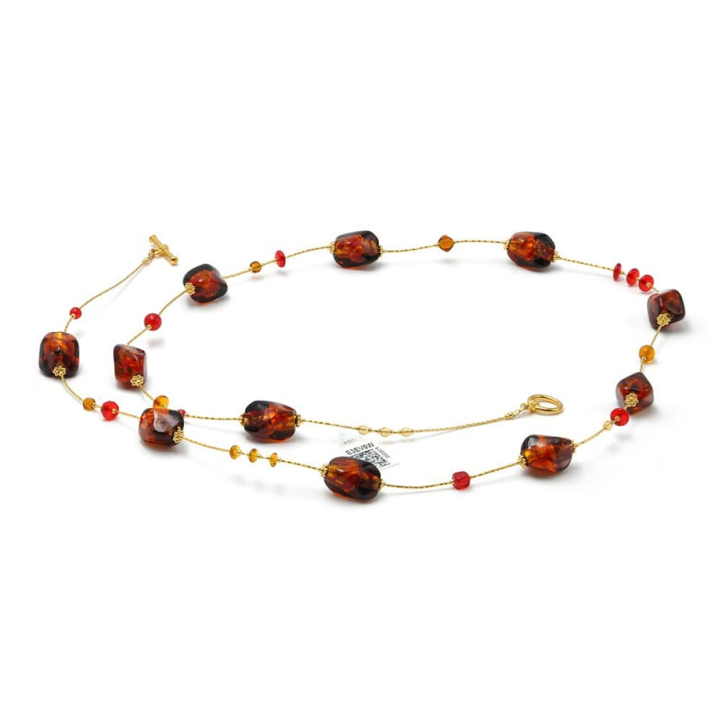 Collana lunga in vetro di murano ambra e rosso