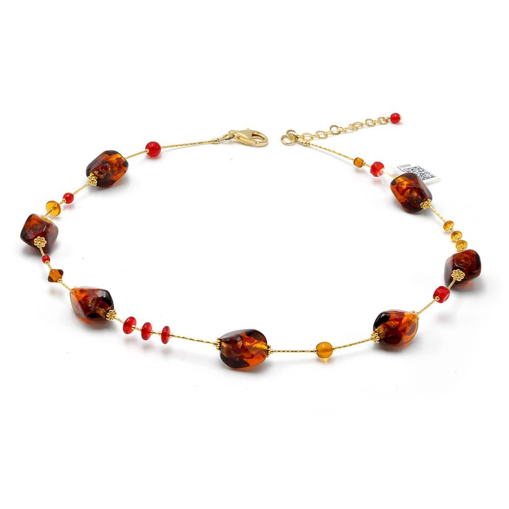 Sasso bicolore ambre et rouge - collier en verre de murano ambre et rouge