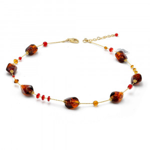 Sasso in twee kleuren oranje en rood - ketting murano glas oranje en rood