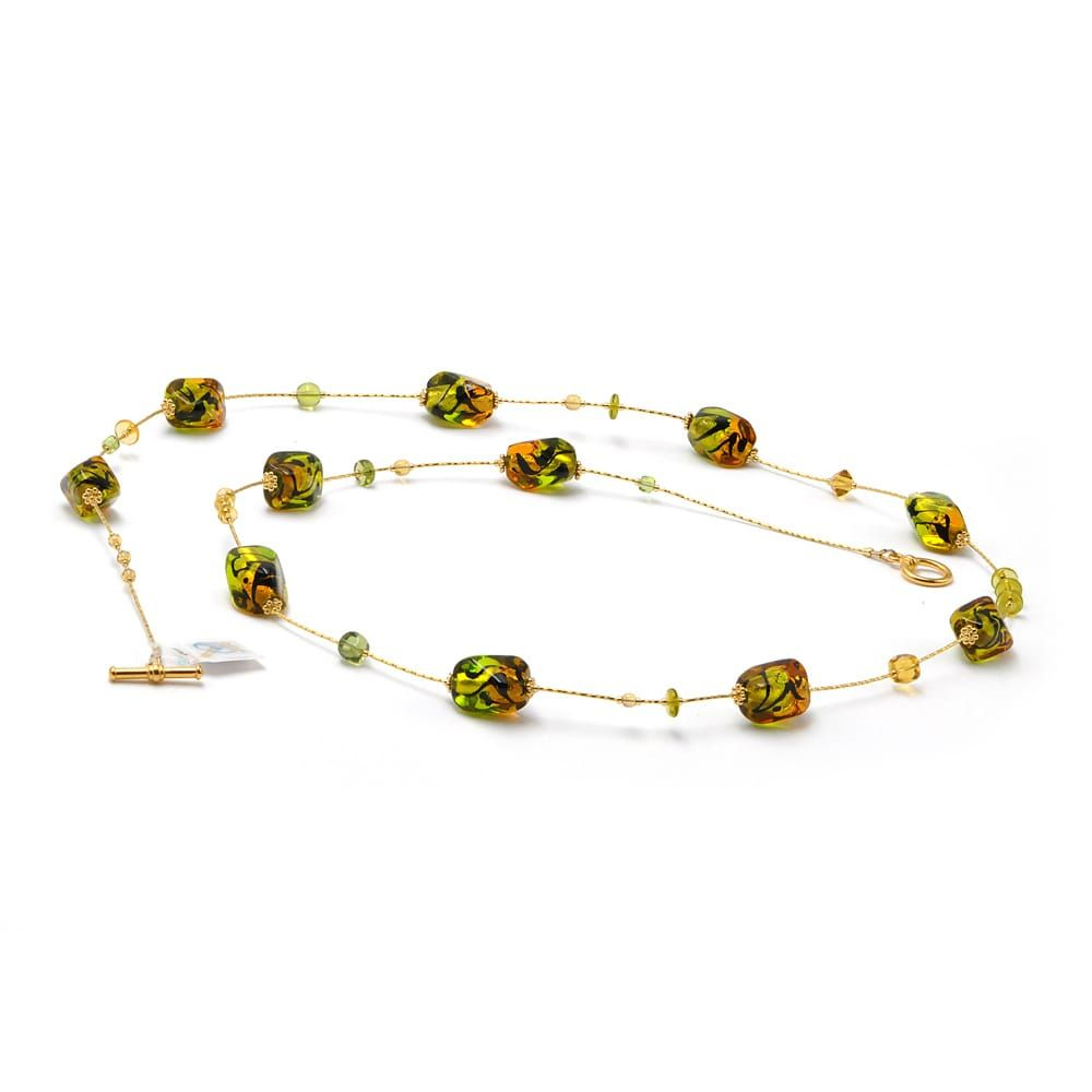 Amber and green long murano glass necklace 