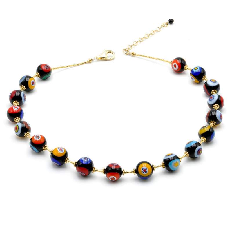 Collana in oro murrina nero perline millefiori in vero vetro di murano