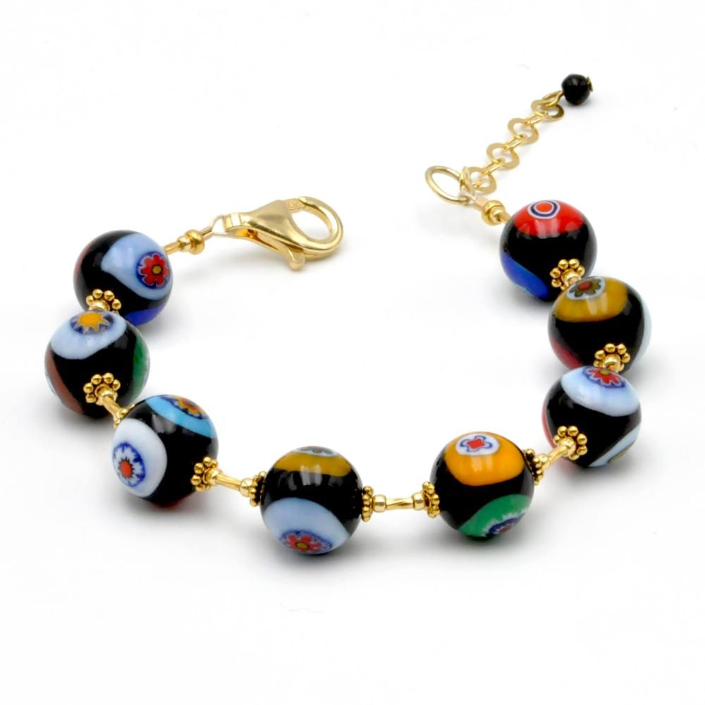 Ball murrine noir - bracelet or murrine noir perles millefiori en veritable verre de murano