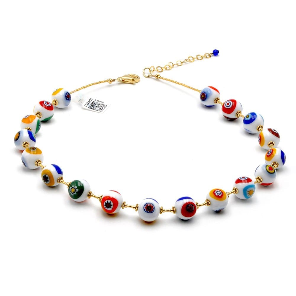 White murrine pearls millefiori necklace in real murano glass