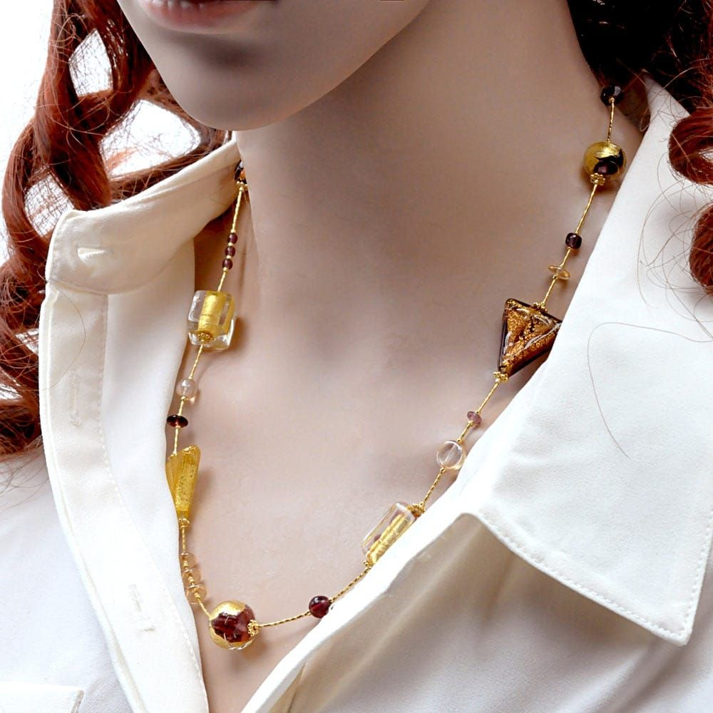Asteroide amber - amber murano glass necklace gold genuine murano glass