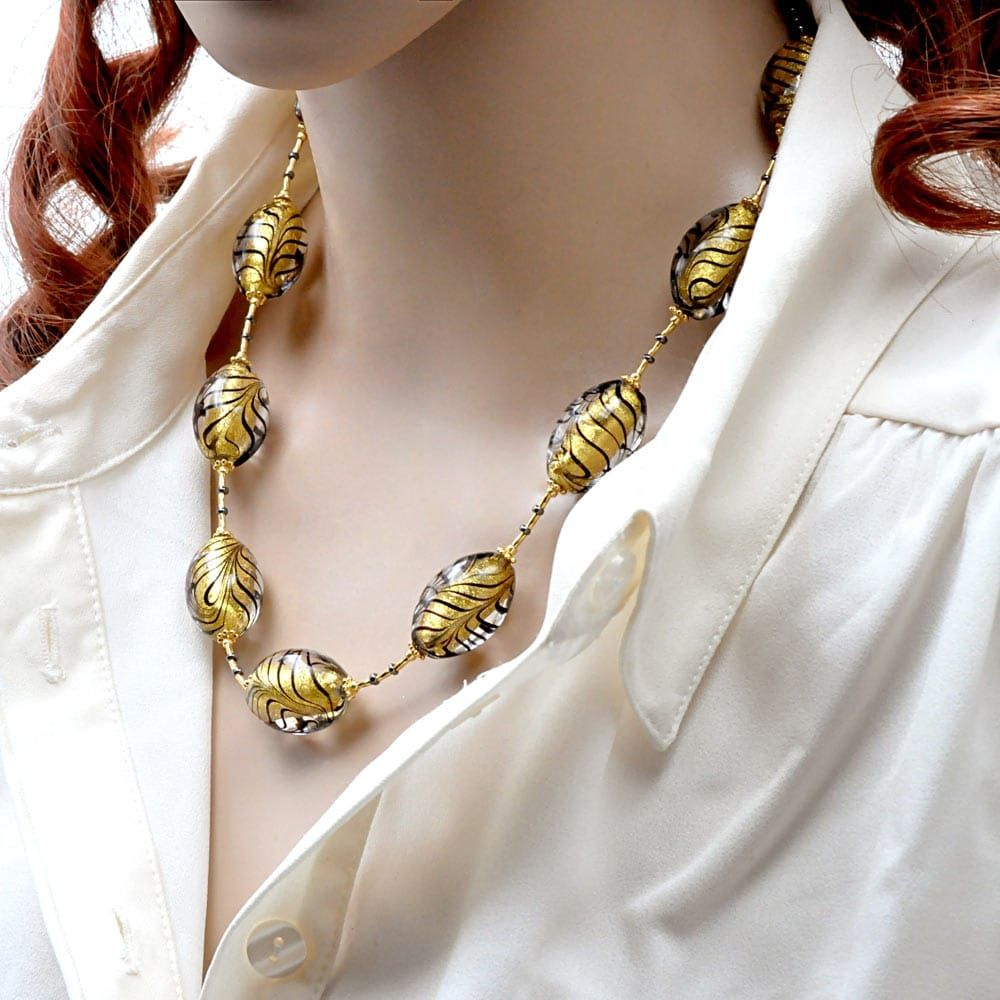 Fenicio oliva oro y negro - collar de oro genuino cristal de murano venecia