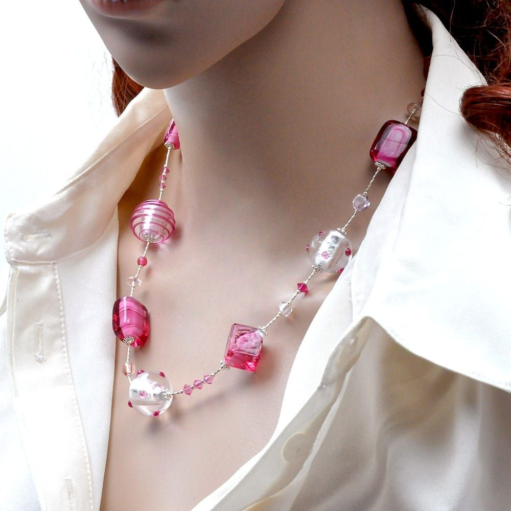 Jojo rosa e argento - collana rosa autentico vetro di murano