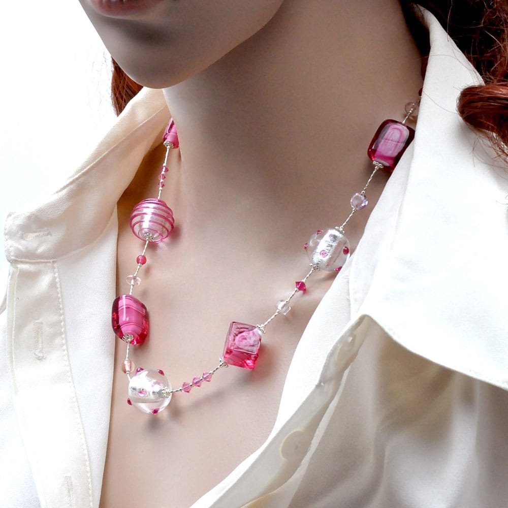 Jo-jo rosa y plata collar de murano de venecia
