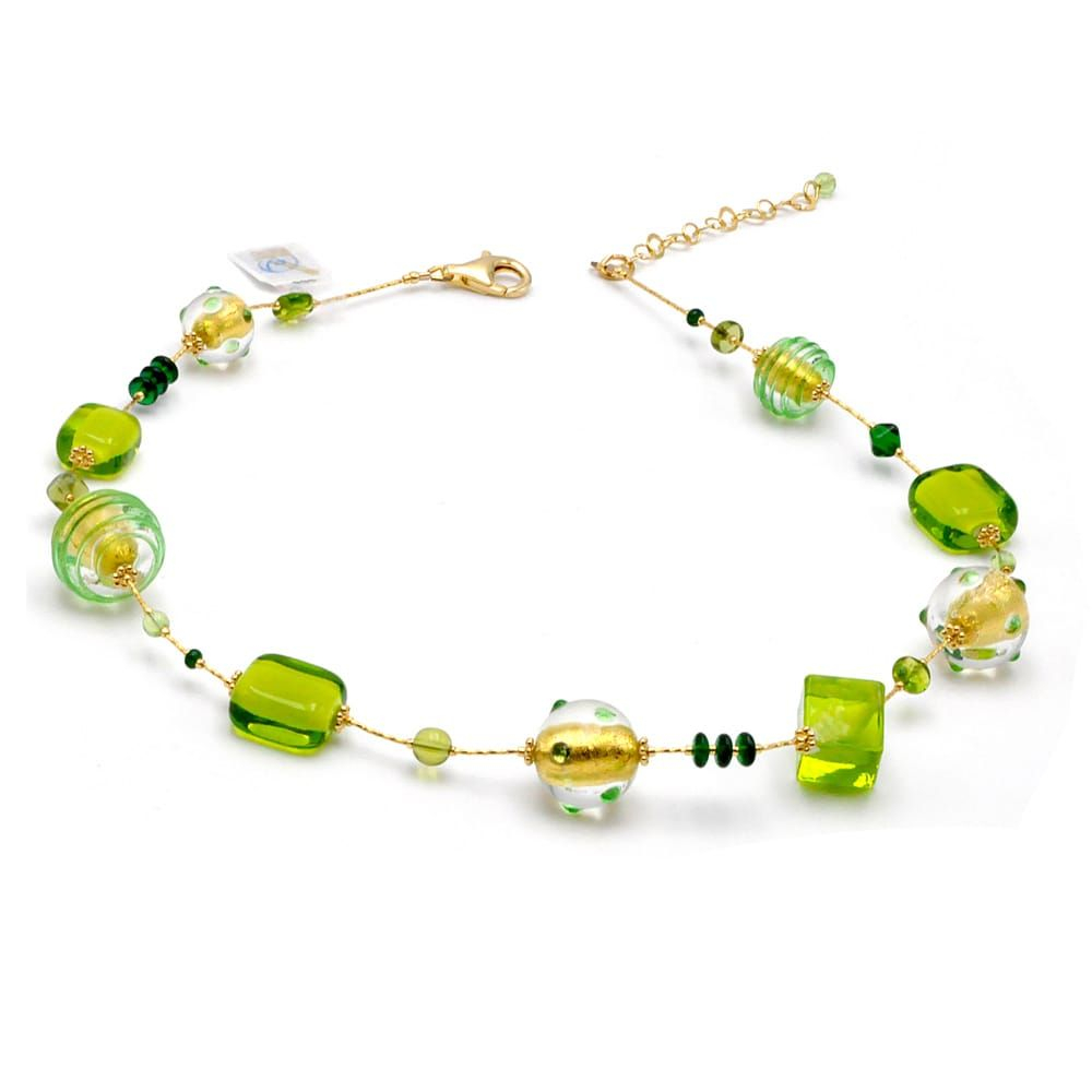 Jojo grønn-og-gull - grønt halsbånd, og gull smykker i ekte murano-glass fra venezia