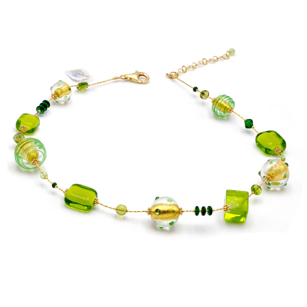 Green and gold necklace jewelry in genuine murano glass from venice