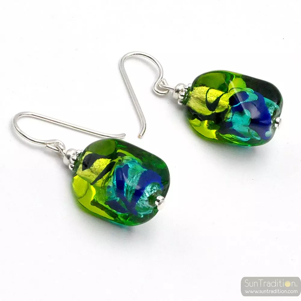 Sasso bicolor green and blue - green and blue murano glass earrings 
