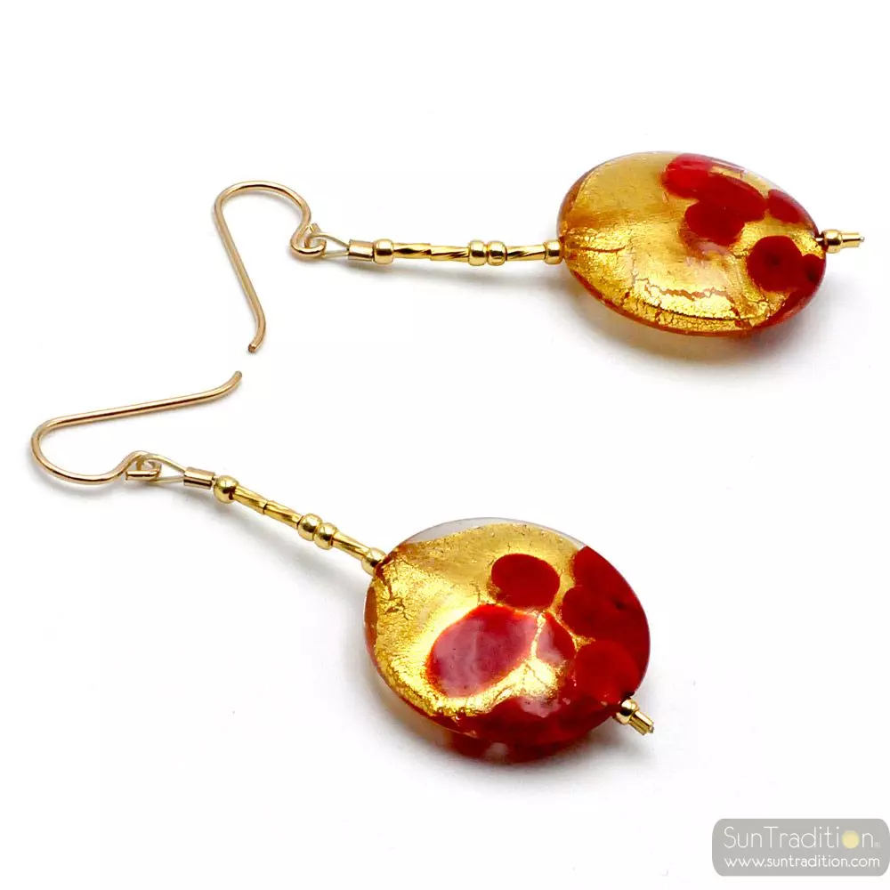 Sunset red - red and gold drop earrings genuine murano glass of venice