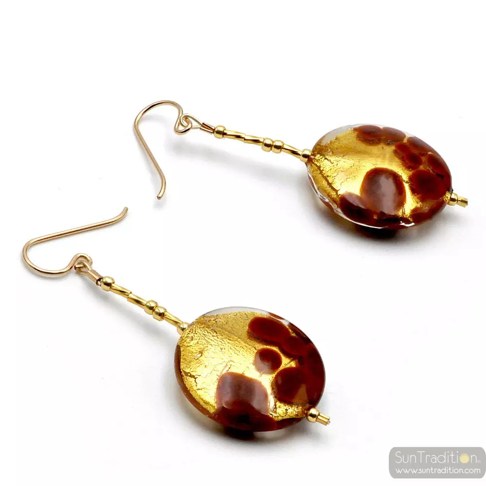 Sunset brown - brown and gold drop earrings genuine murano glass of venice