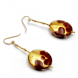 Sunset marron - boucles d'oreilles pendantes pastilles marron et or en veritable verre de murano de venise