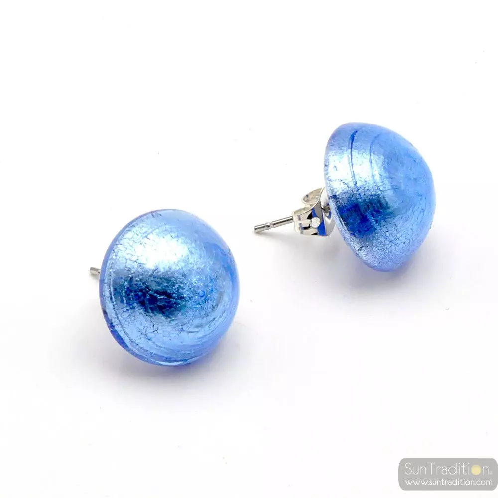 Boucles d'oreilles boutons bleues clou ou pince en veritable verre de murano