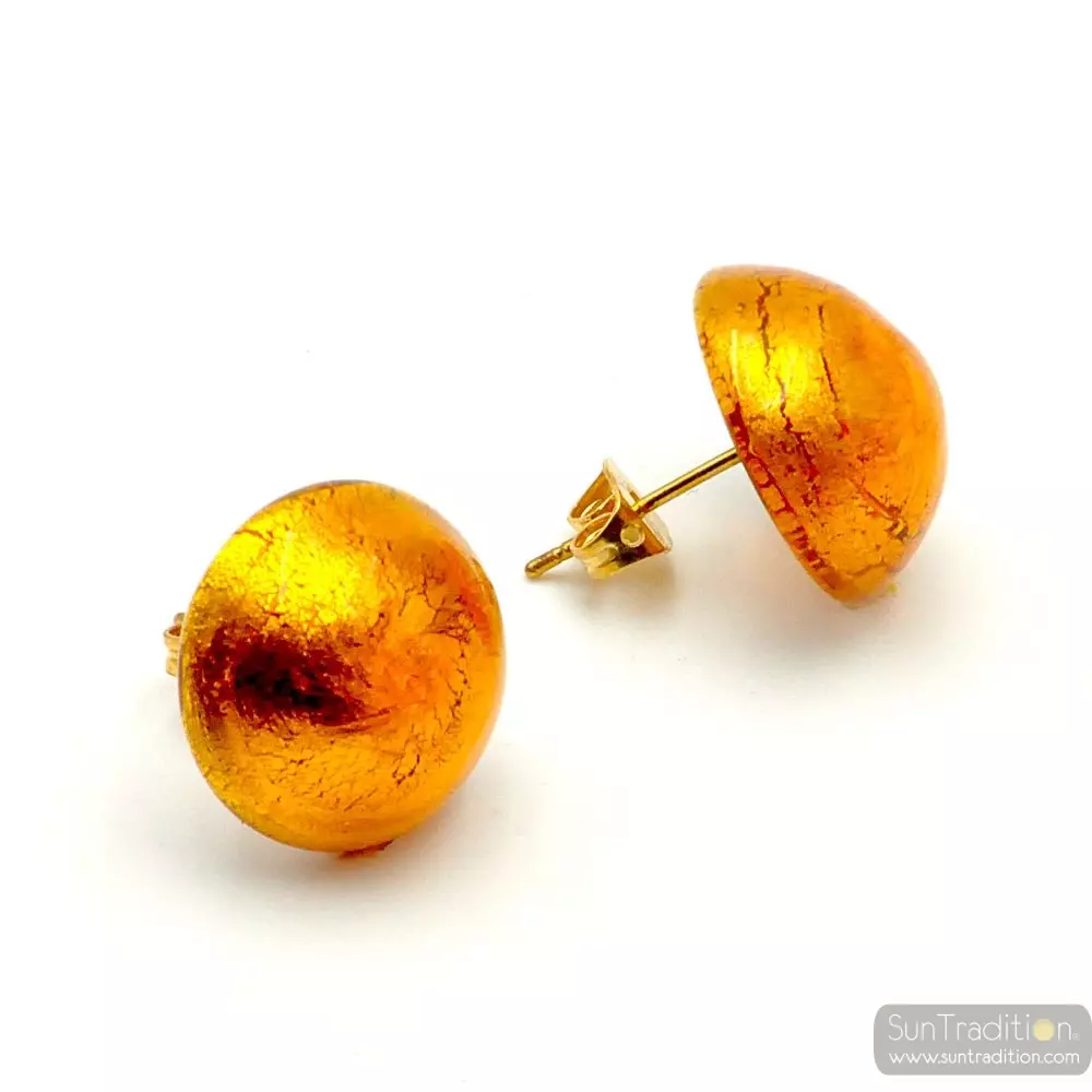 Boucles d'oreilles boutons ambre clou ou pince en veritable verre de murano