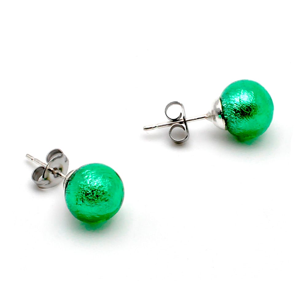 Green earrings studs - round button nail earrings genuine murano glass of venice