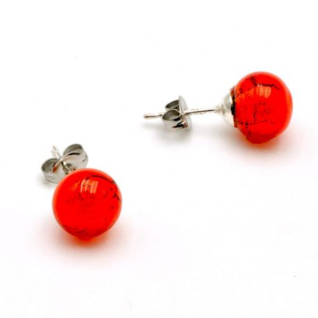 Red orange studs - earrings round button nail genuine murano glass of venice
