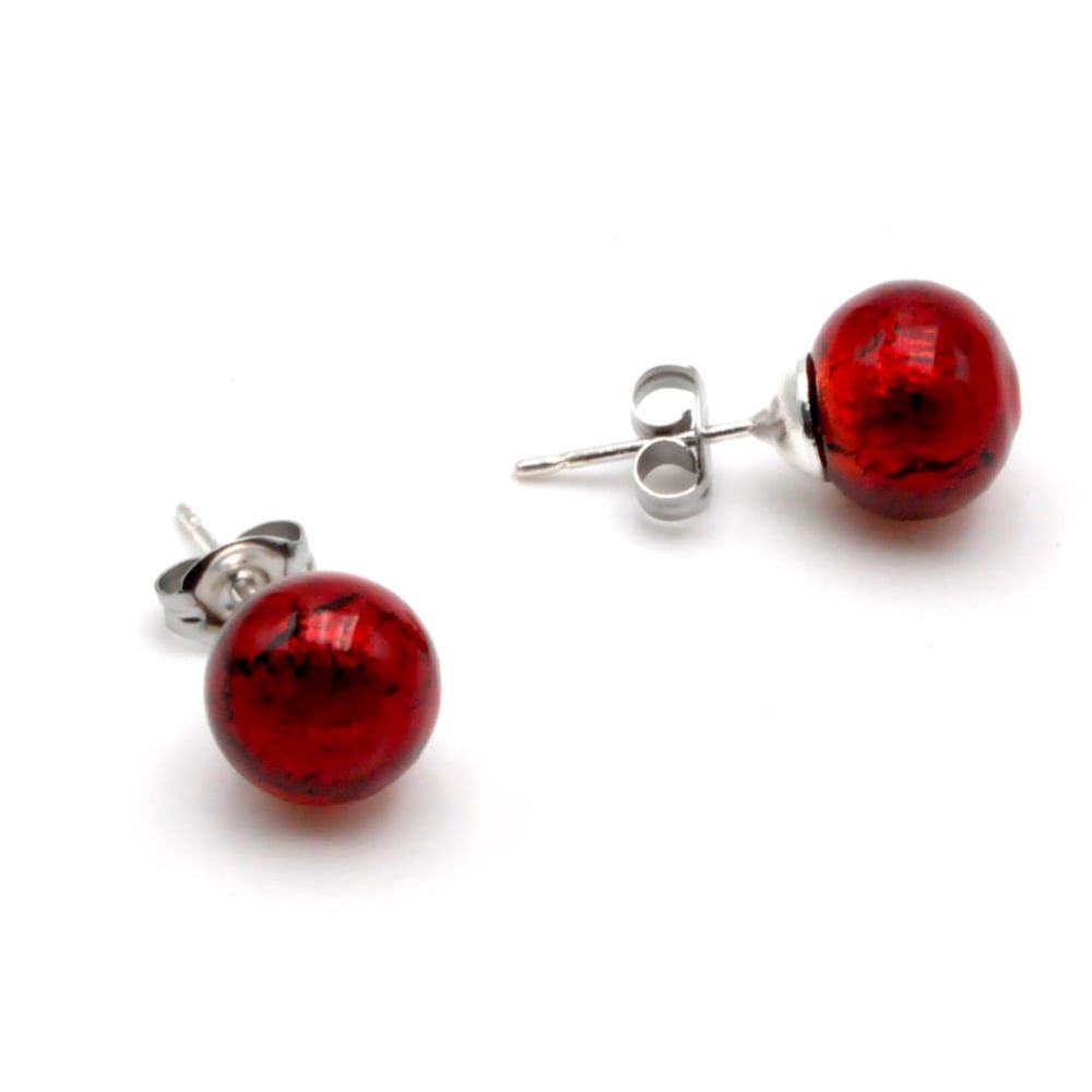 Dark red earrings studs - round button nail earrings genuine murano glass of venice